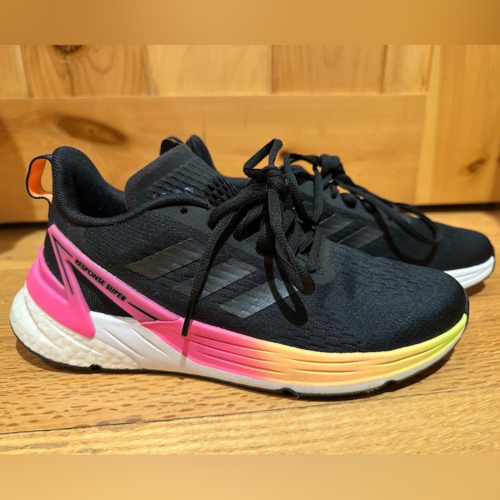 Black and hot pink adidas sneakers